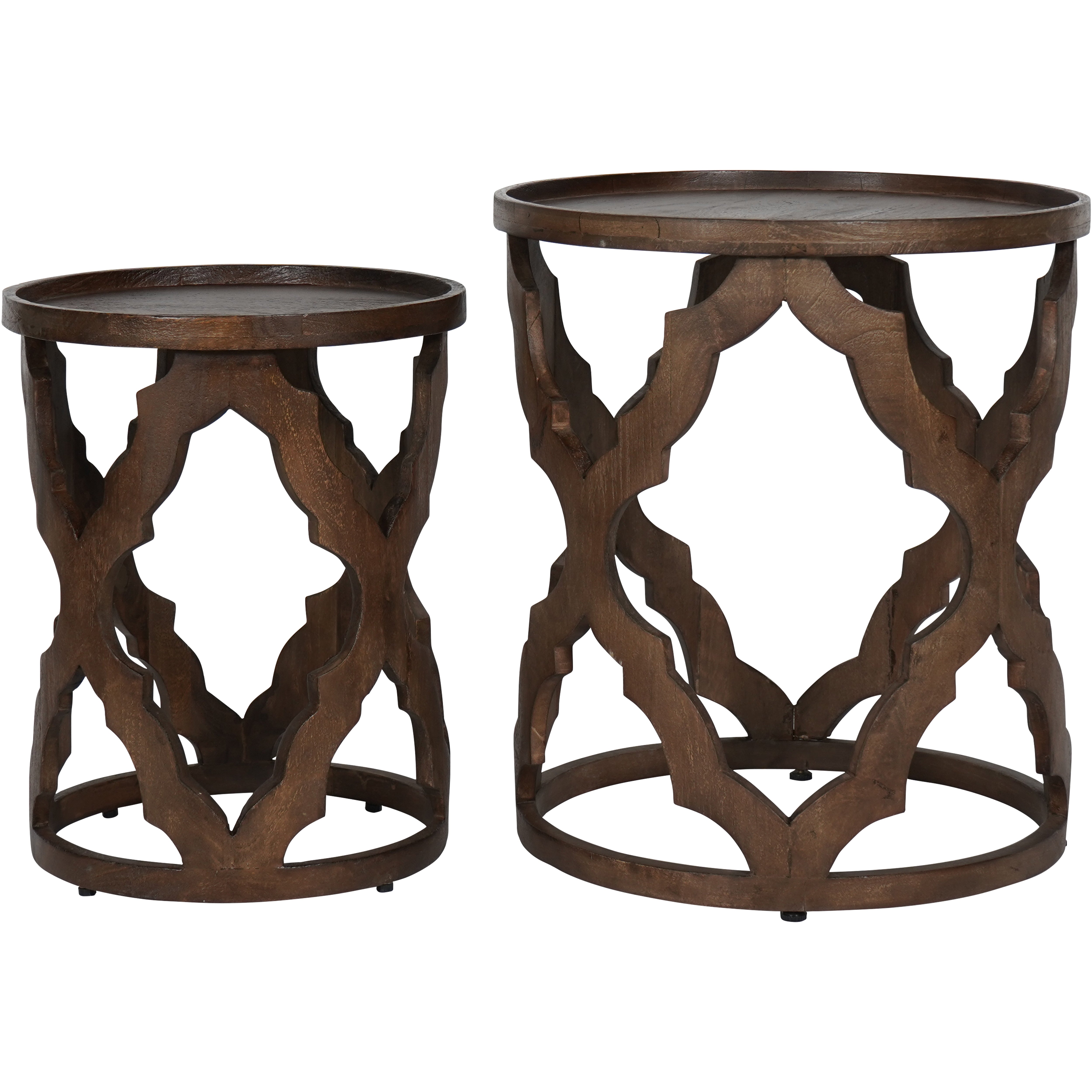 Keeley Solid Carved Wooden Set of 2 Nesting Side Tables in Dark Brown