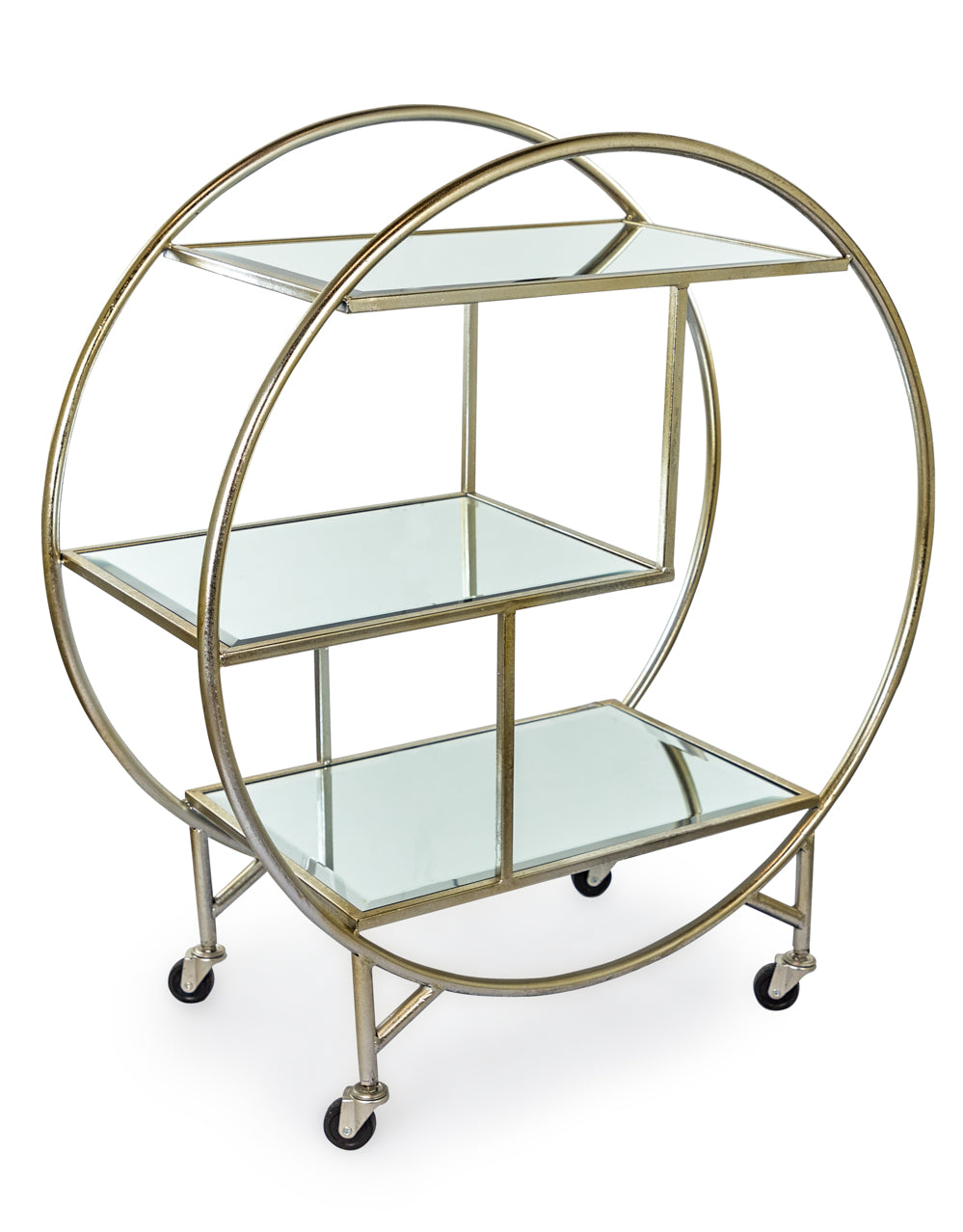 Antiqued Silver Champagne Round Metal Bar Trolley with Mirror Shelves