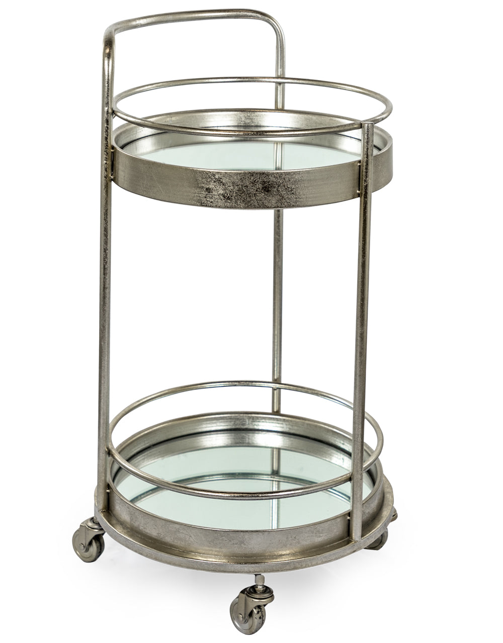 Antique Silver Leaf Metal Small Round Bar Trolley with Mirror Shelves