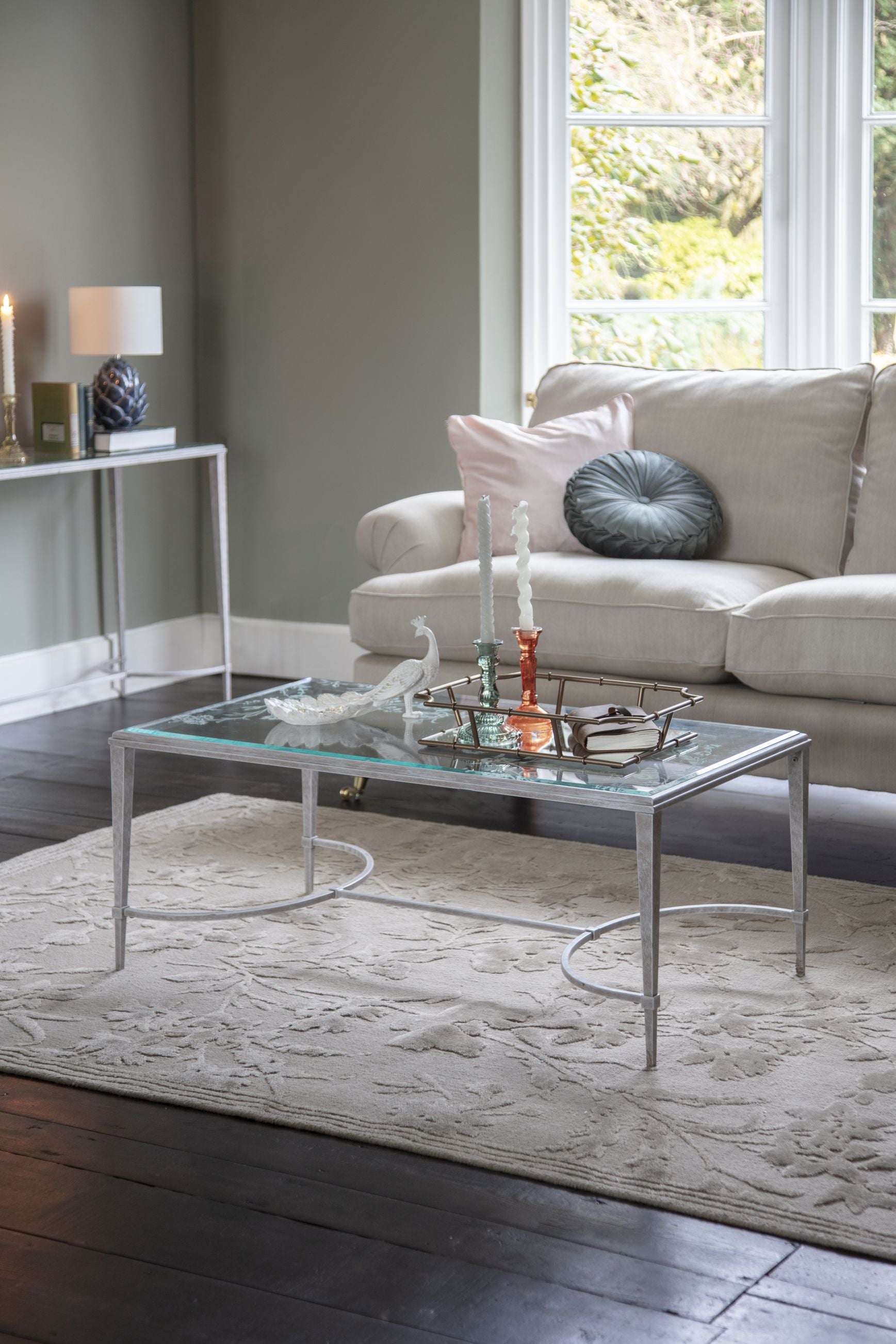 Laura Ashley Aria Etched Glass Distressed White Iron Coffee Table