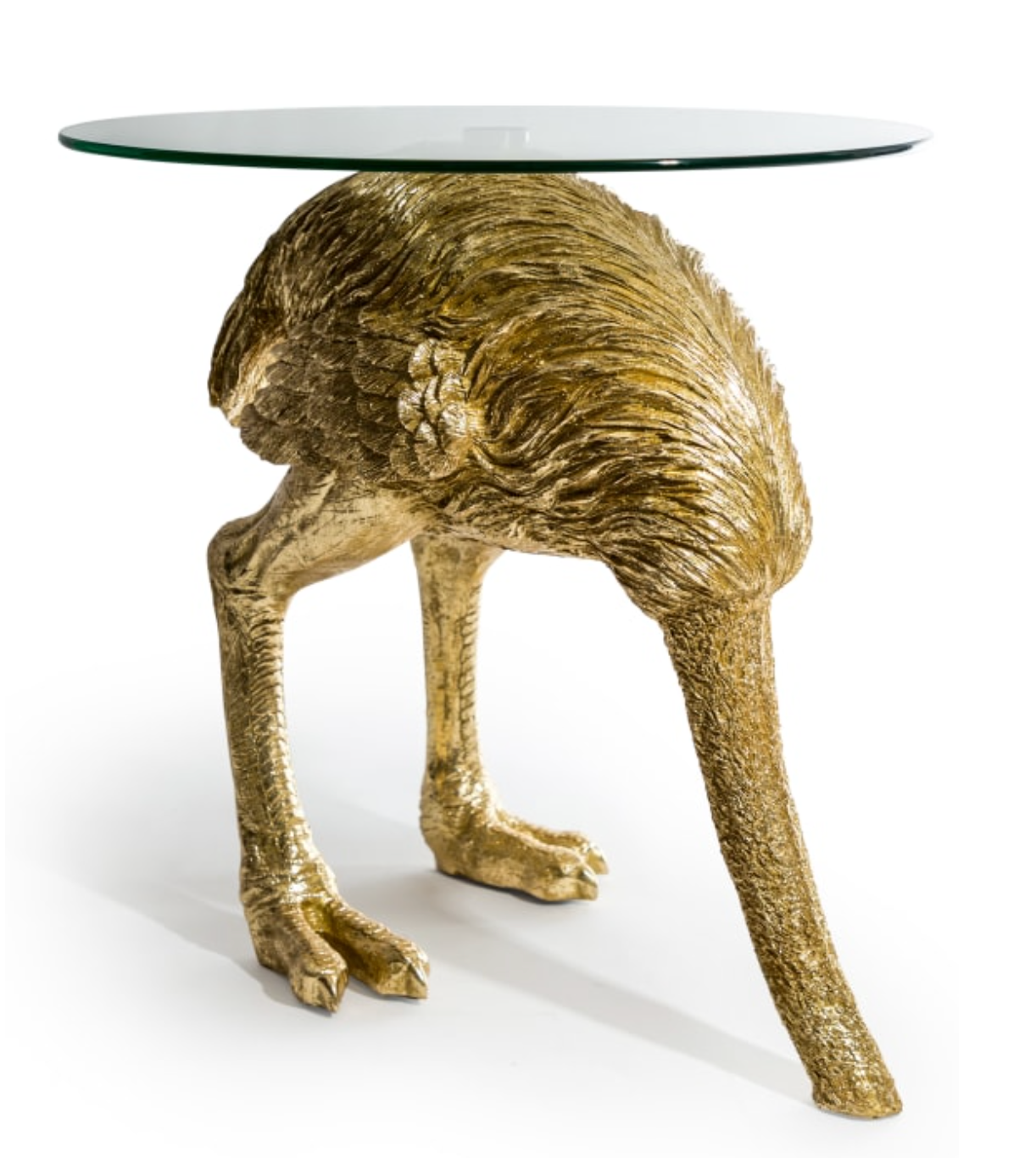 Large Gold "Head-Buried" Ostrich Side Table w/ Glass Top